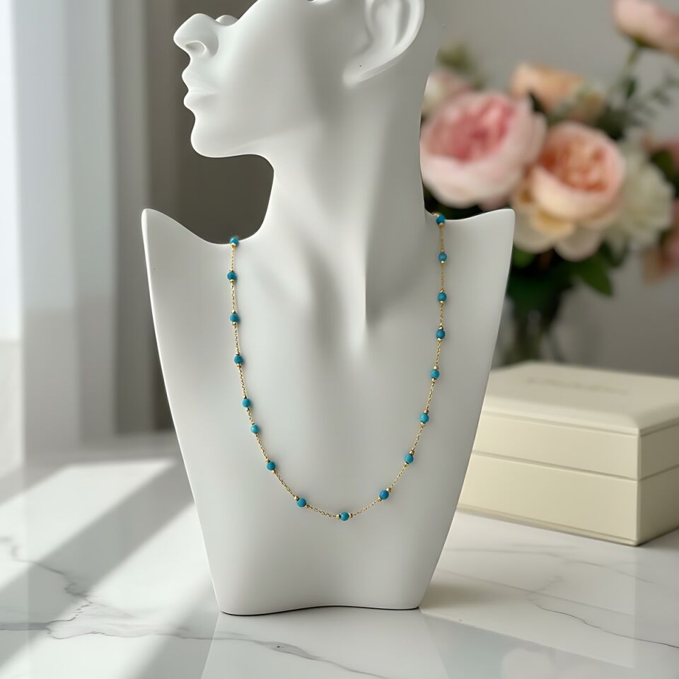 22 AYAR FİRUZE TAŞLI DORİKALI ALTIN KOLYE