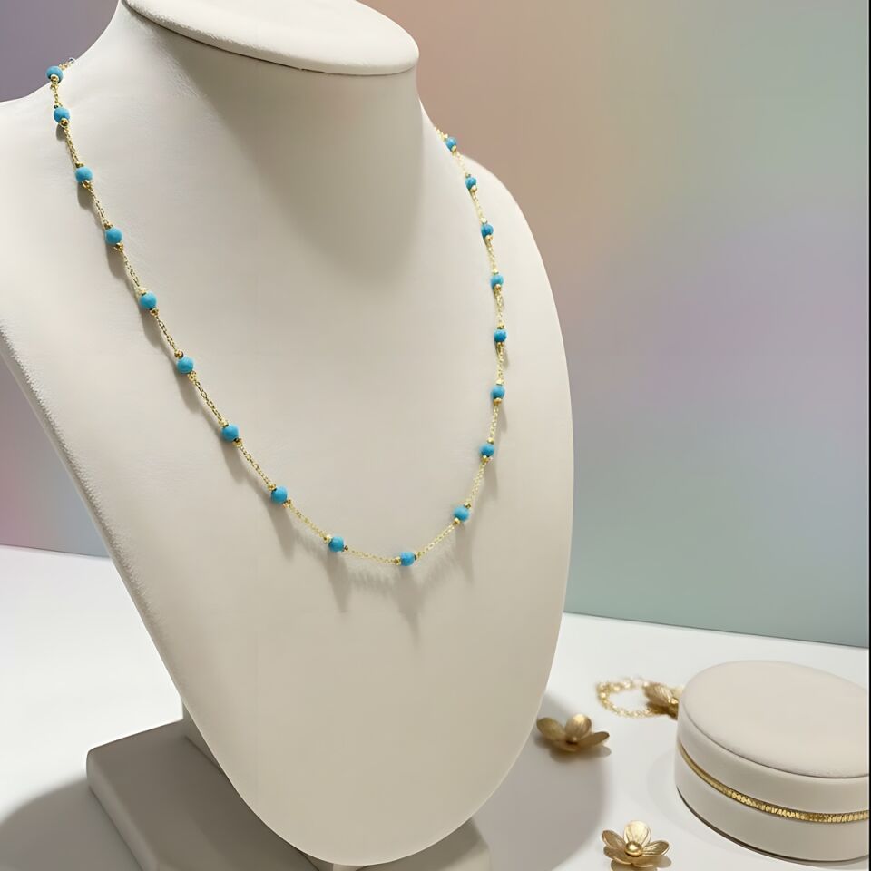 22 AYAR FİRUZE TAŞLI DORİKALI ALTIN KOLYE