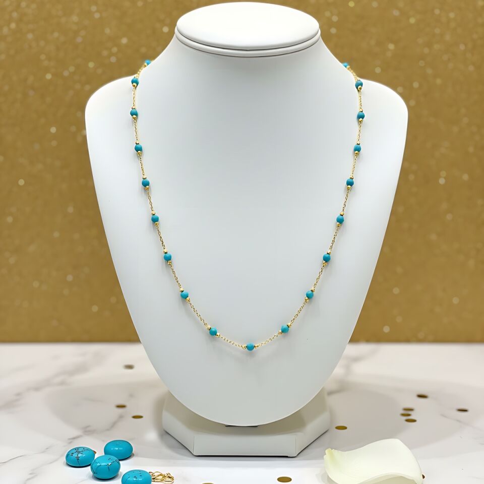 22 AYAR FİRUZE TAŞLI DORİKALI ALTIN KOLYE