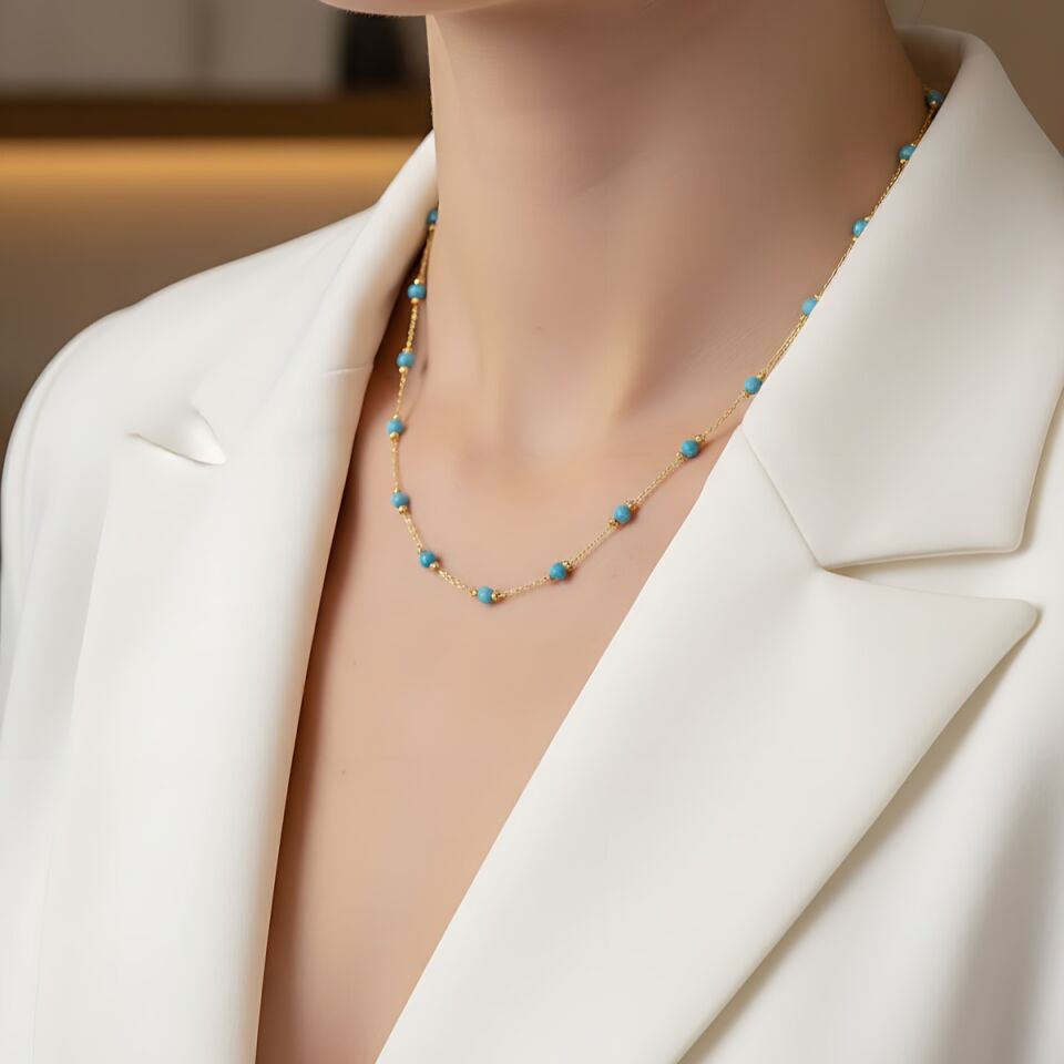 22 AYAR FİRUZE TAŞLI DORİKALI ALTIN KOLYE