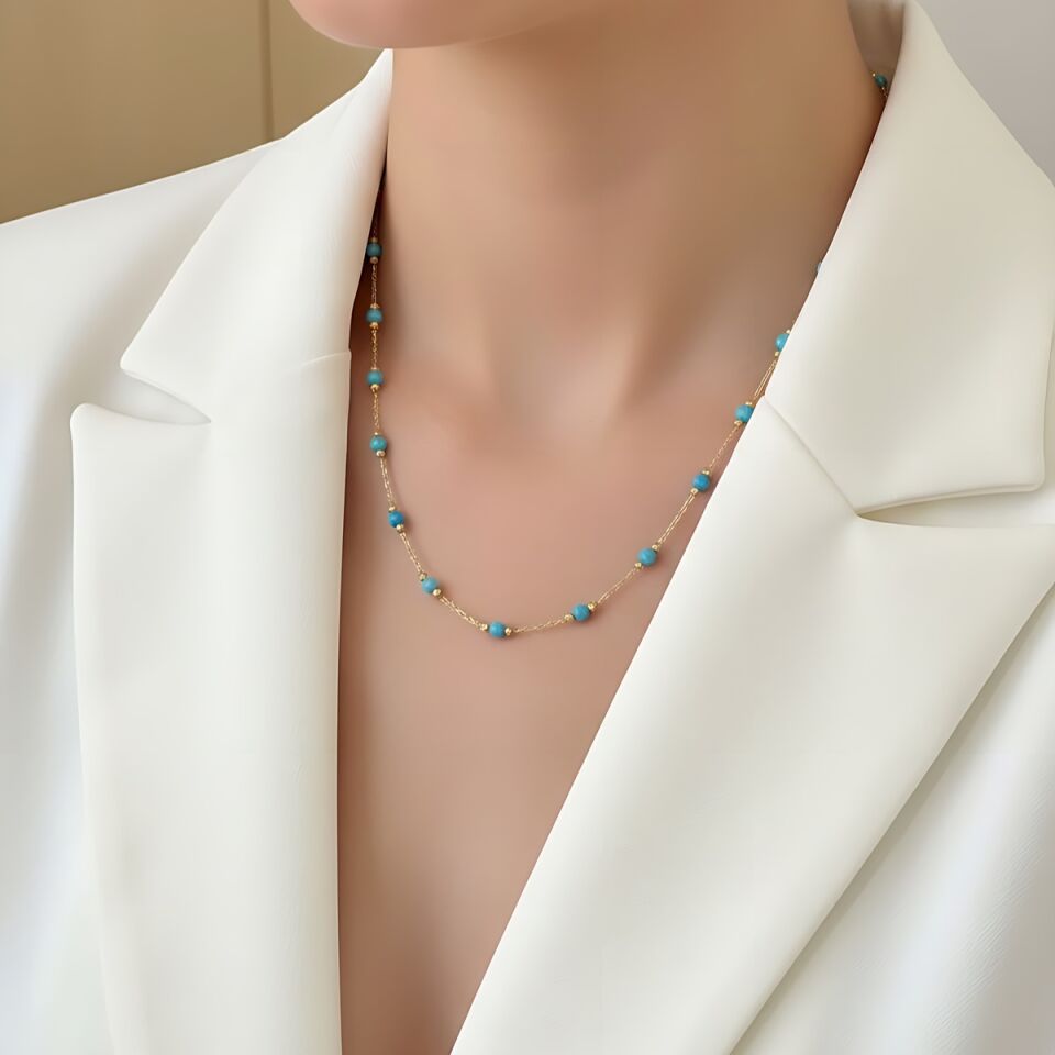 22 AYAR FİRUZE TAŞLI DORİKALI ALTIN KOLYE