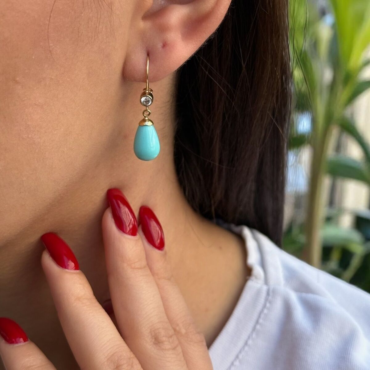 14 Ayar Damla Firuze Taşlı Altın Küpe