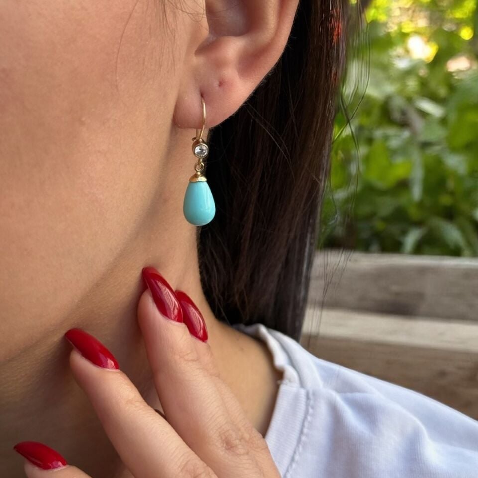 14 Ayar Damla Firuze Taşlı Altın Küpe