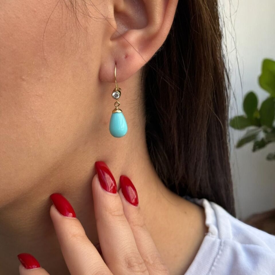 14 Ayar Damla Firuze Taşlı Altın Küpe