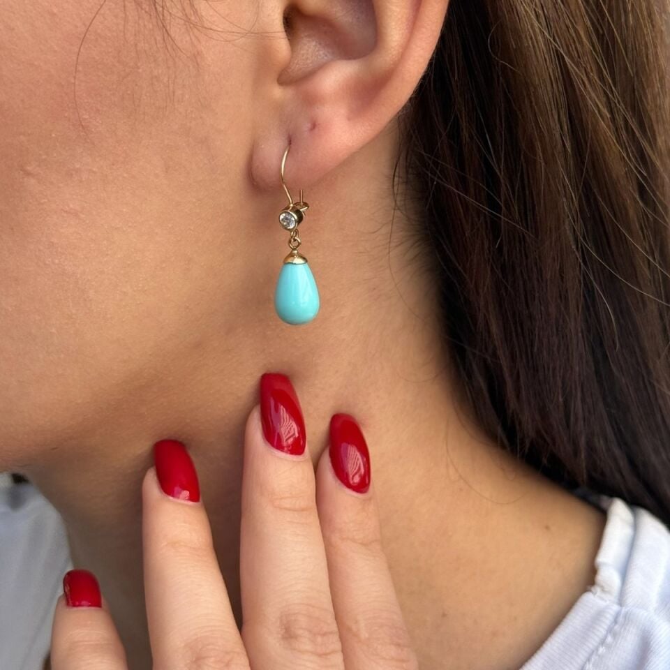 14 Ayar Damla Firuze Taşlı Altın Küpe