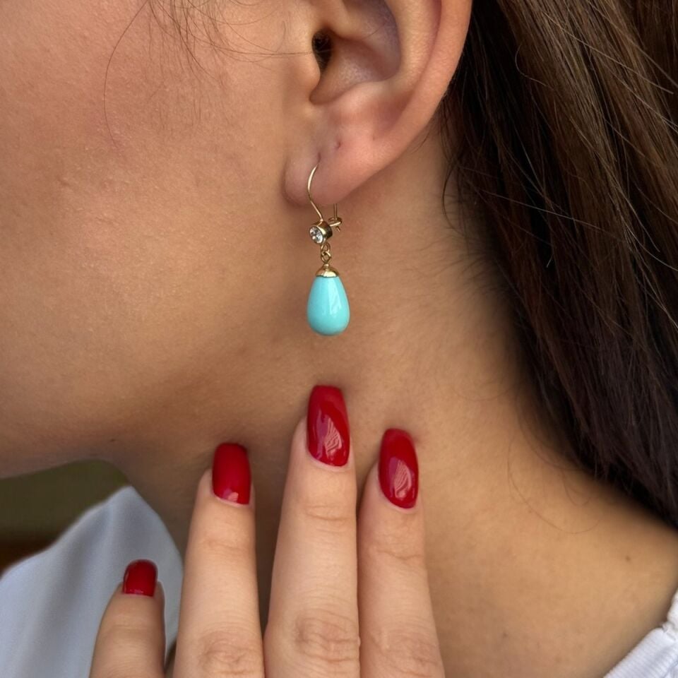 14 Ayar Damla Firuze Taşlı Altın Küpe