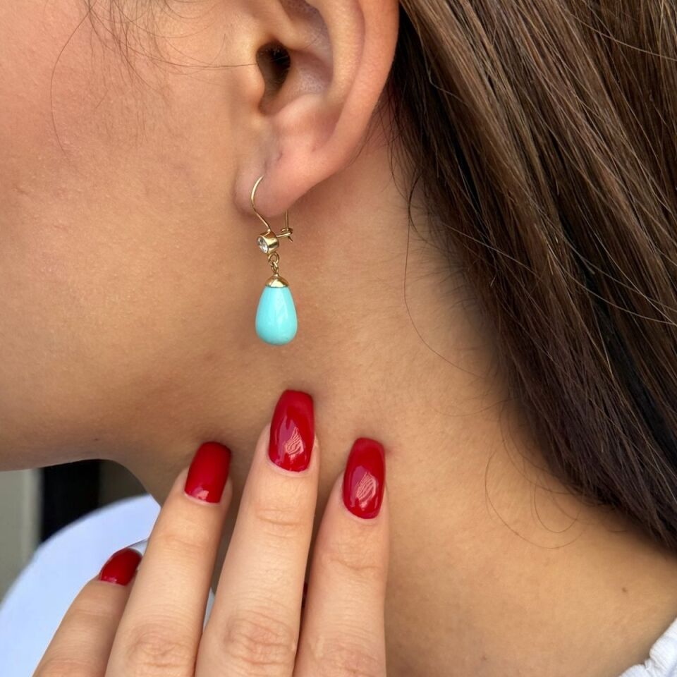 14 Ayar Damla Firuze Taşlı Altın Küpe