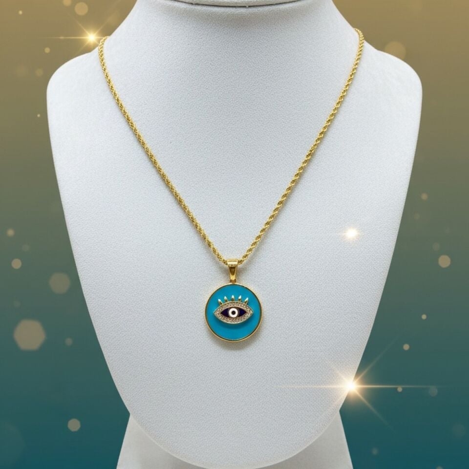 22 AYAR TURKUAZ MİNELİ GÖZ KOLYE UCU VE HALAT ZİNCİR