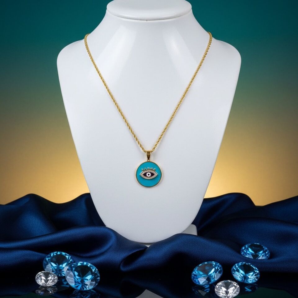 22 AYAR TURKUAZ MİNELİ GÖZ KOLYE UCU VE HALAT ZİNCİR