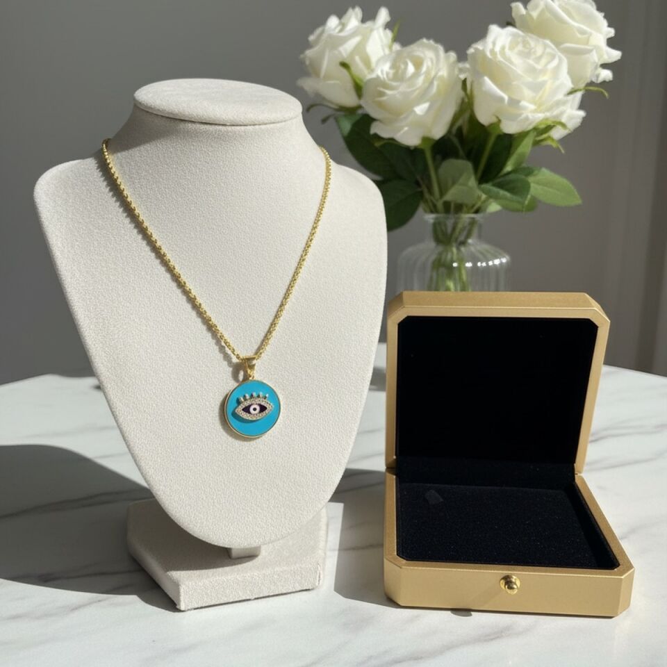 22 AYAR TURKUAZ MİNELİ GÖZ KOLYE UCU VE HALAT ZİNCİR