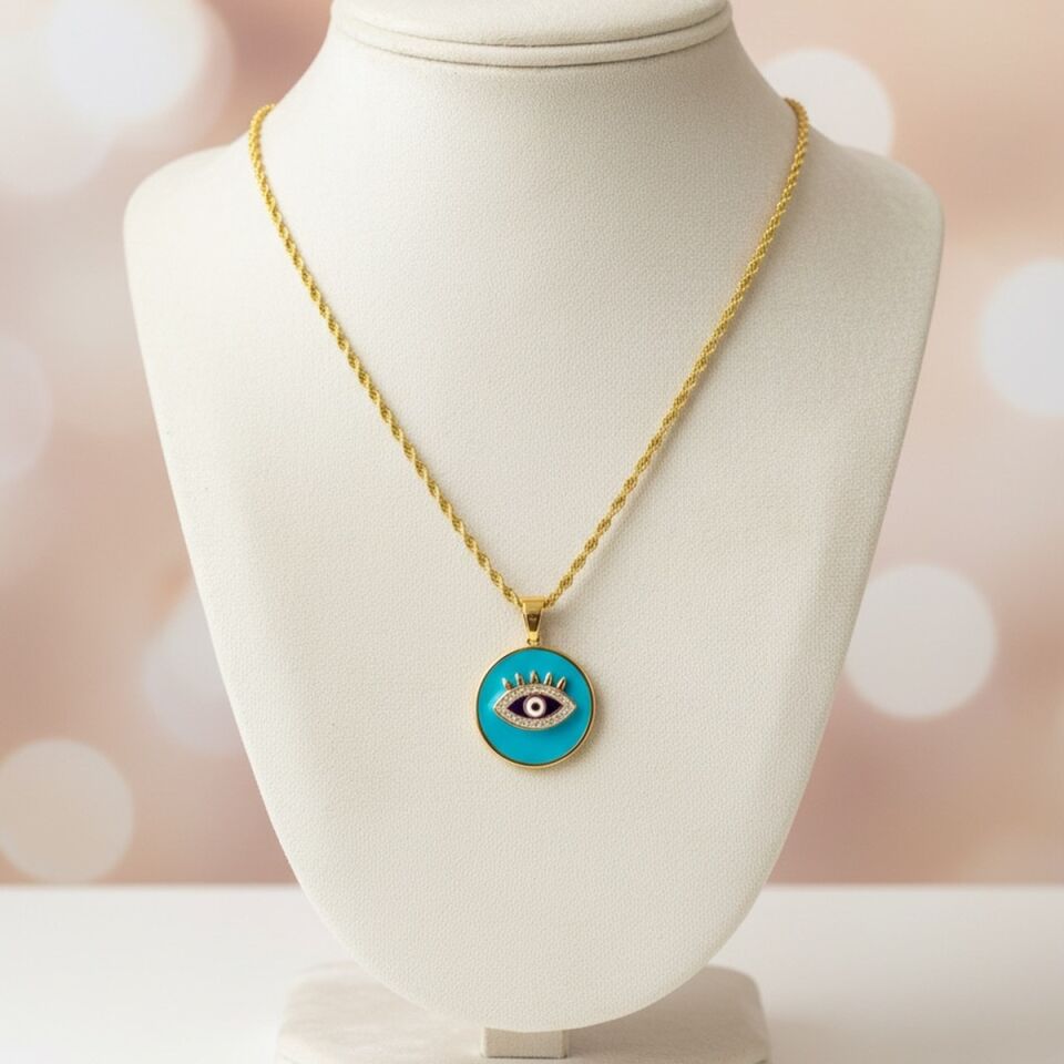 22 AYAR TURKUAZ MİNELİ GÖZ KOLYE UCU VE HALAT ZİNCİR