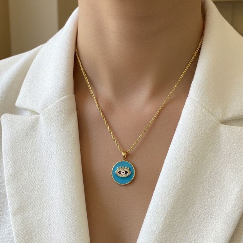 22 AYAR TURKUAZ MİNELİ GÖZ KOLYE UCU VE HALAT ZİNCİR
