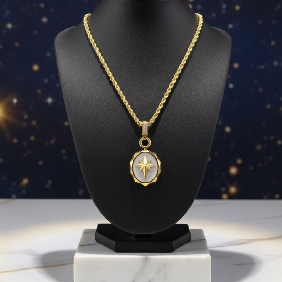 22 AYAR OVAL BEYAZ SEDEFLİ KUTUP YILDIZI ALTIN KOLYE UCU VE HALAT BURGU ZİNCİR