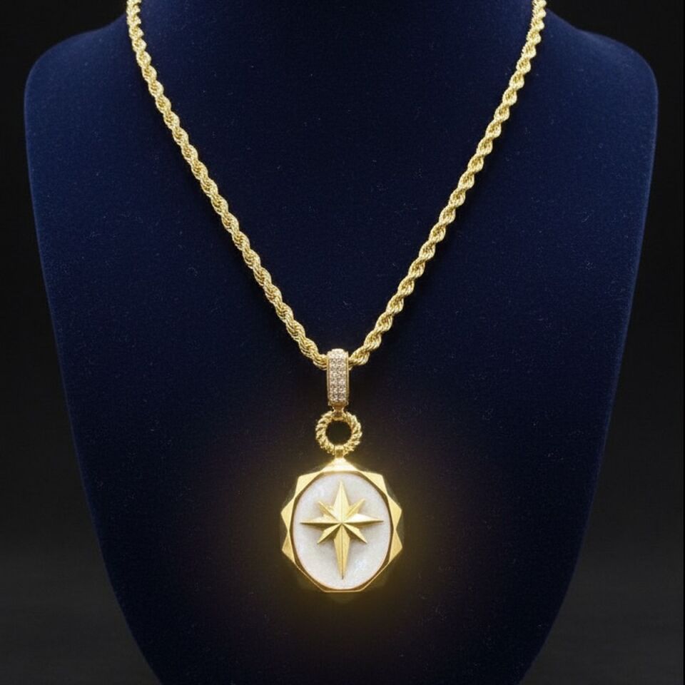 22 AYAR OVAL BEYAZ SEDEFLİ KUTUP YILDIZI ALTIN KOLYE UCU VE HALAT BURGU ZİNCİR