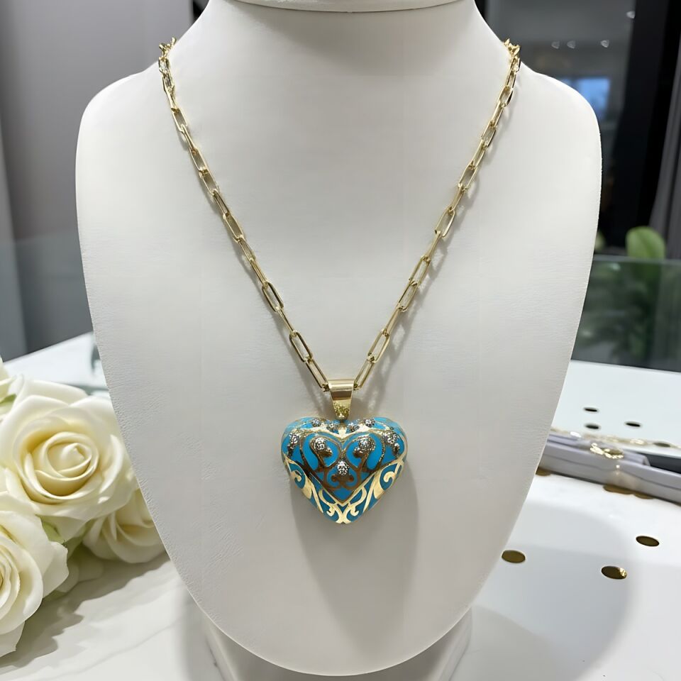 14 AYAR ATAÇ ZİNCİRLİ ÖZEL TASARIM ÇİFT TARAFI MİNELİ BOMBE KALP KOLYE