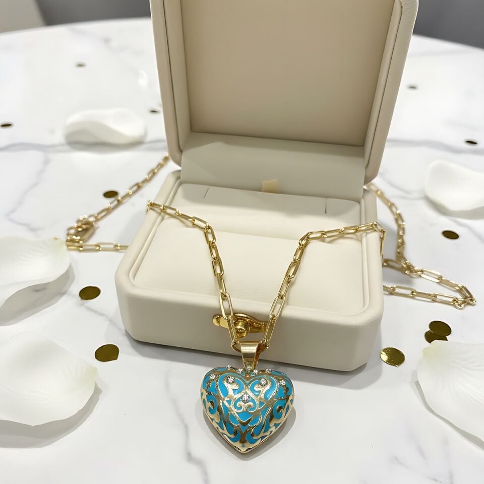 14 AYAR ATAÇ ZİNCİRLİ ÖZEL TASARIM ÇİFT TARAFI MİNELİ BOMBE KALP KOLYE