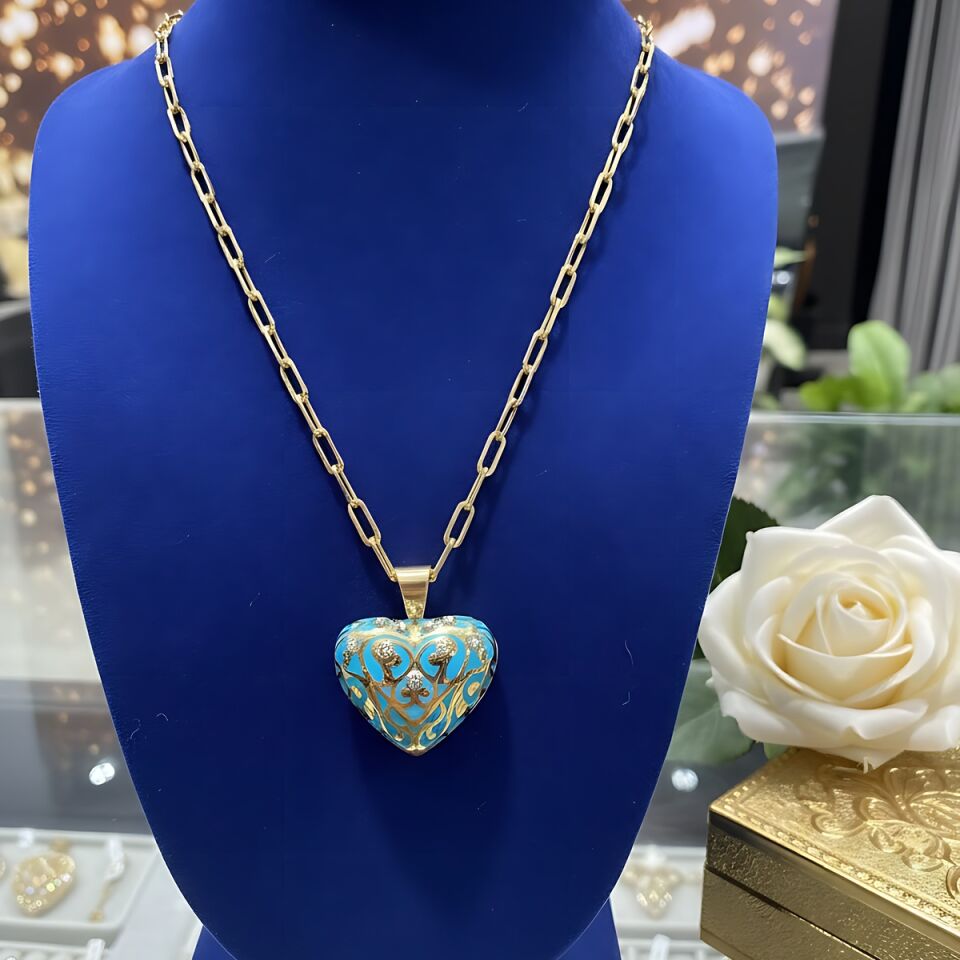 14 AYAR ATAÇ ZİNCİRLİ ÖZEL TASARIM ÇİFT TARAFI MİNELİ BOMBE KALP KOLYE