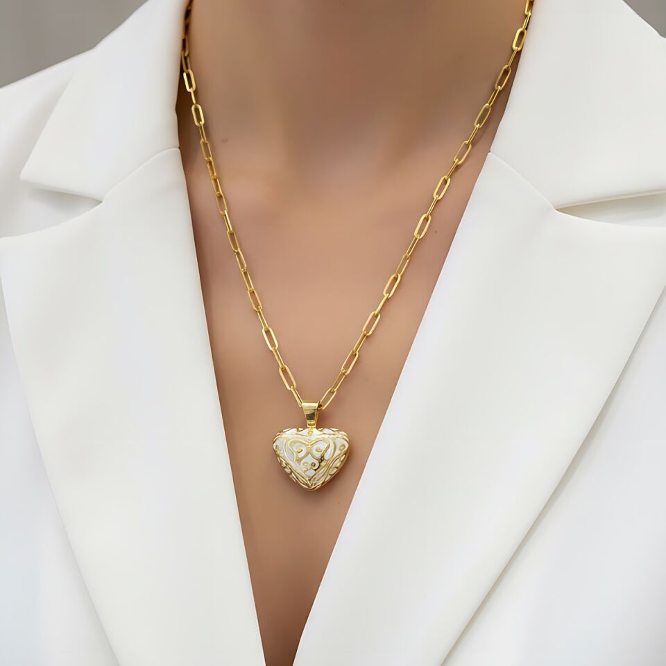 14 AYAR ATAÇ ZİNCİRLİ ÖZEL TASARIM ÇİFT TARAFI MİNELİ BOMBE KALP KOLYE