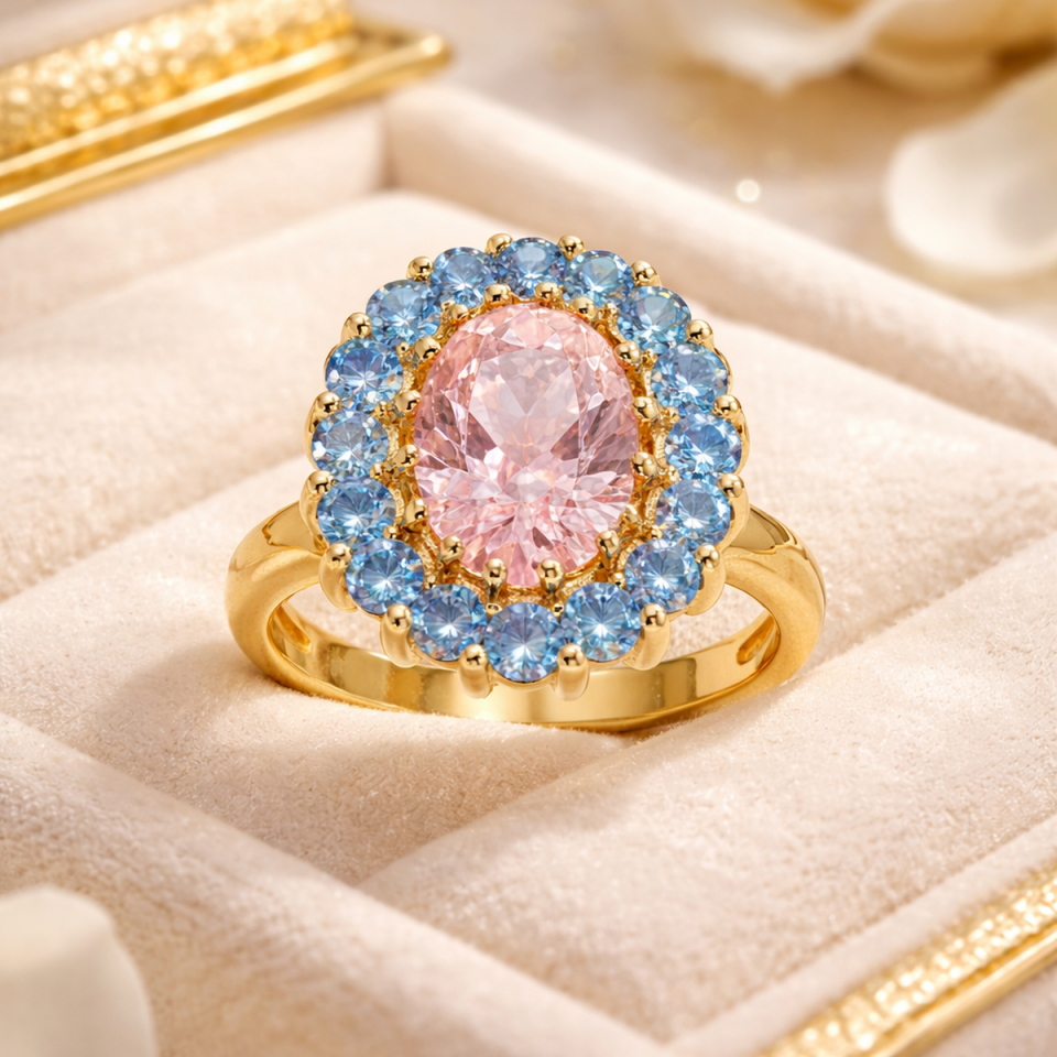 14 AYAR PİNK KUVARS TAŞLI ALTIN YÜZÜK