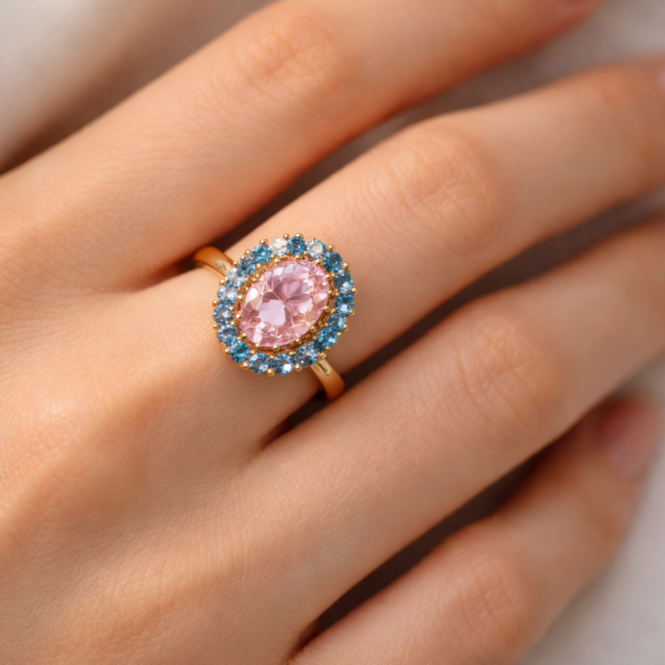 14 AYAR PİNK KUVARS TAŞLI ALTIN YÜZÜK