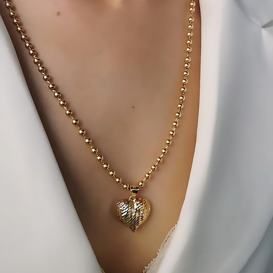 14 Ayar Işıltılı Lazerli Kalp Kolye Uçlu Toptop Zincirli Altın Kolye