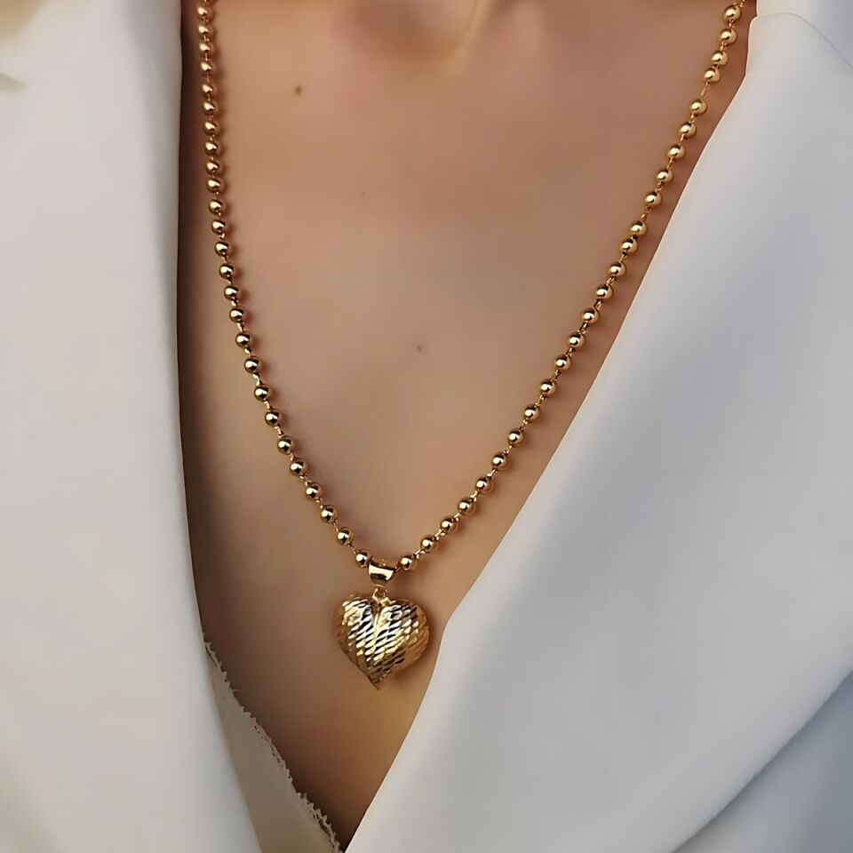 14 Ayar Işıltılı Lazerli Kalp Kolye Uçlu Toptop Zincirli Altın Kolye