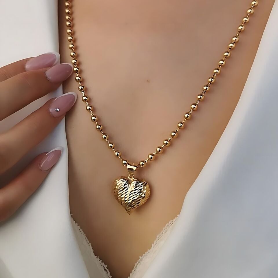 14 Ayar Işıltılı Lazerli Kalp Kolye Uçlu Toptop Zincirli Altın Kolye