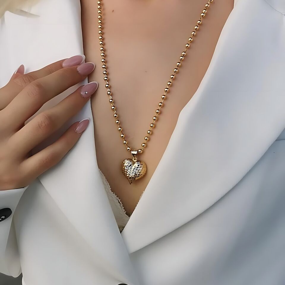 14 Ayar Işıltılı Lazerli Kalp Kolye Uçlu Toptop Zincirli Altın Kolye