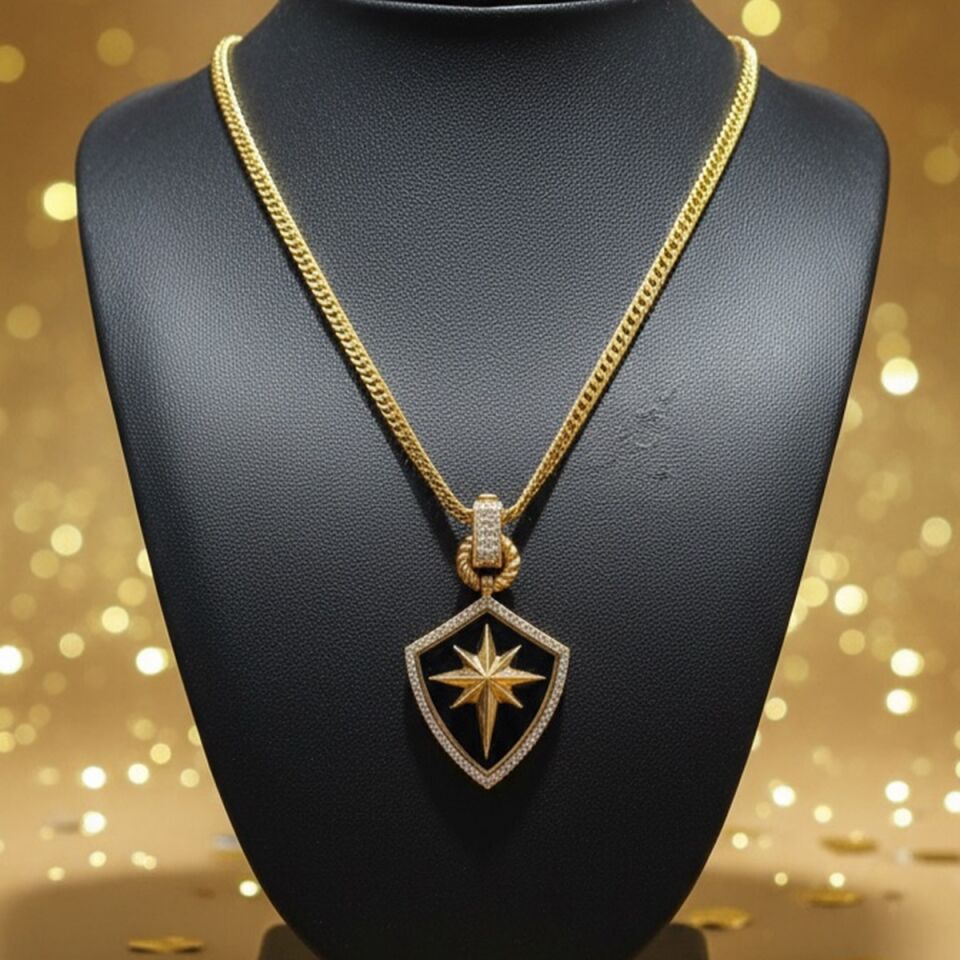 22 AYAR SİYAH MİNELİ KUTUPYILDIZI KALKAN ALTIN KOLYE UCU VE GURMET MODEL ZİNCİR