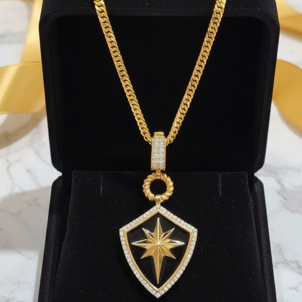 22 AYAR SİYAH MİNELİ KUTUPYILDIZI KALKAN ALTIN KOLYE UCU VE GURMET MODEL ZİNCİR