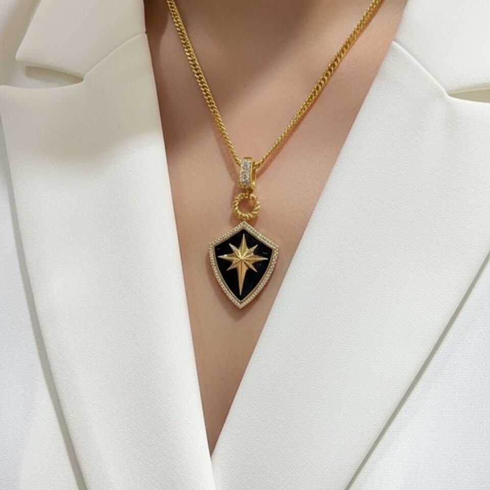 22 AYAR SİYAH MİNELİ KUTUPYILDIZI KALKAN ALTIN KOLYE UCU VE GURMET MODEL ZİNCİR