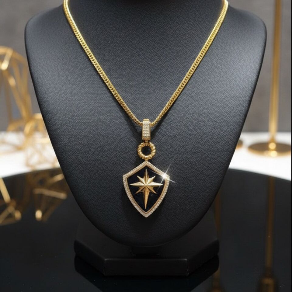 22 AYAR SİYAH MİNELİ KUTUPYILDIZI KALKAN ALTIN KOLYE UCU VE GURMET MODEL ZİNCİR