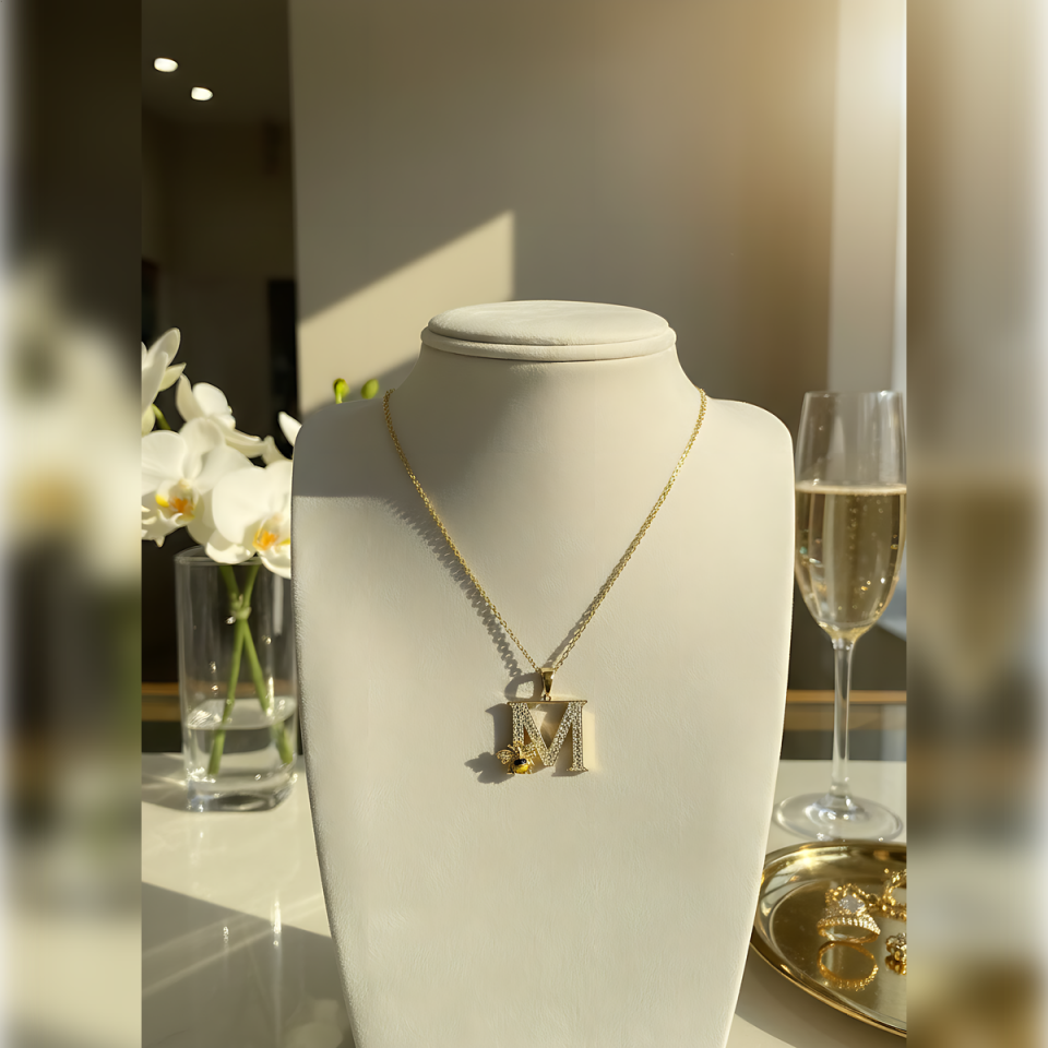 14 AYAR ÖZEL TASARIM ARILI M HARFİ ALTIN KOLYE