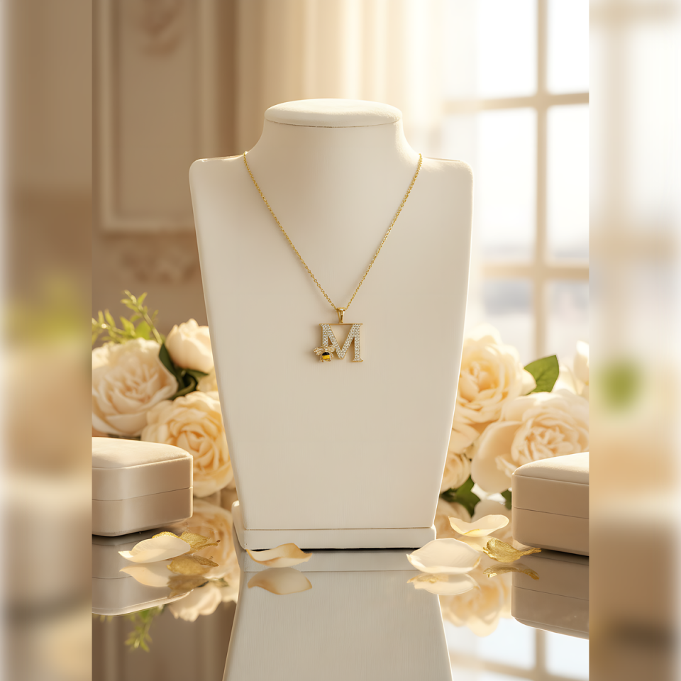 14 AYAR ÖZEL TASARIM ARILI M HARFİ ALTIN KOLYE