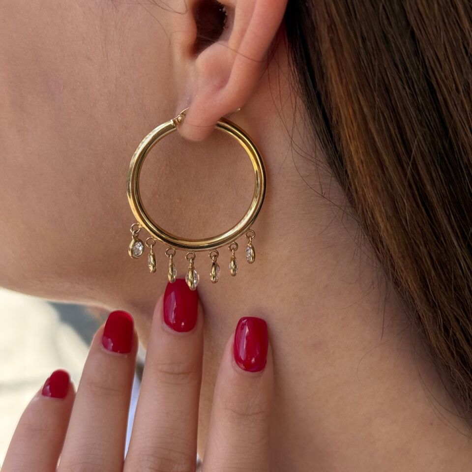 14 Ayar Taş Sallantılı Halka Küpe