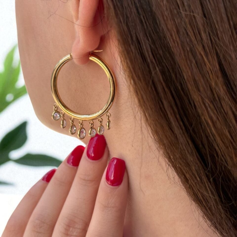 14 Ayar Taş Sallantılı Halka Küpe