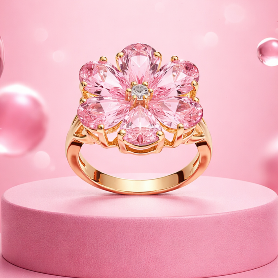 14 AYAR 0,05 CT PIRLANTA TAŞLI, DAMLA PİNK KUVARS ÇİÇEK MODELİ ÖZEL TASARIM ALTIN YÜZÜK