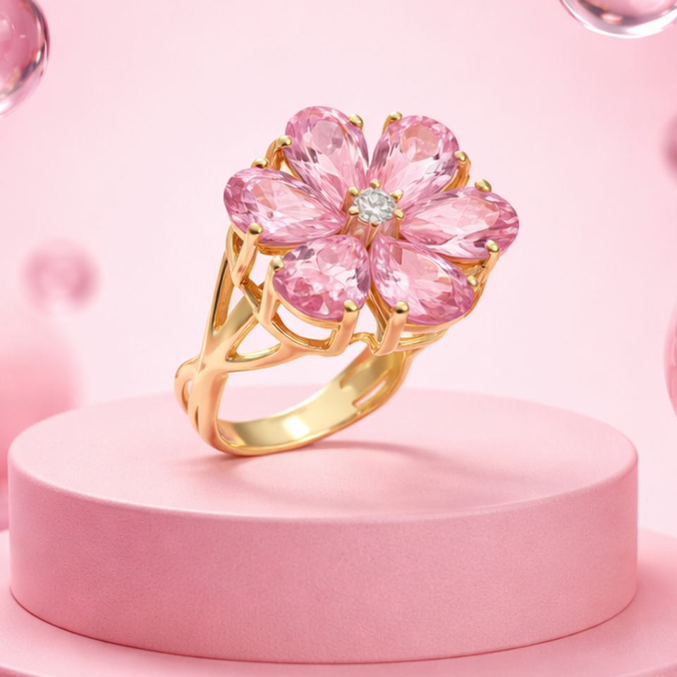 14 AYAR 0,05 CT PIRLANTA TAŞLI, DAMLA PİNK KUVARS ÇİÇEK MODELİ ÖZEL TASARIM ALTIN YÜZÜK