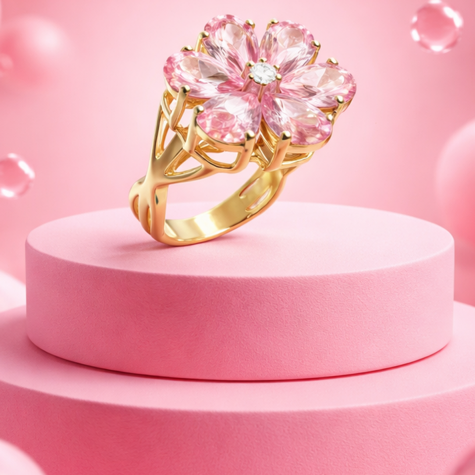 14 AYAR 0,05 CT PIRLANTA TAŞLI, DAMLA PİNK KUVARS ÇİÇEK MODELİ ÖZEL TASARIM ALTIN YÜZÜK