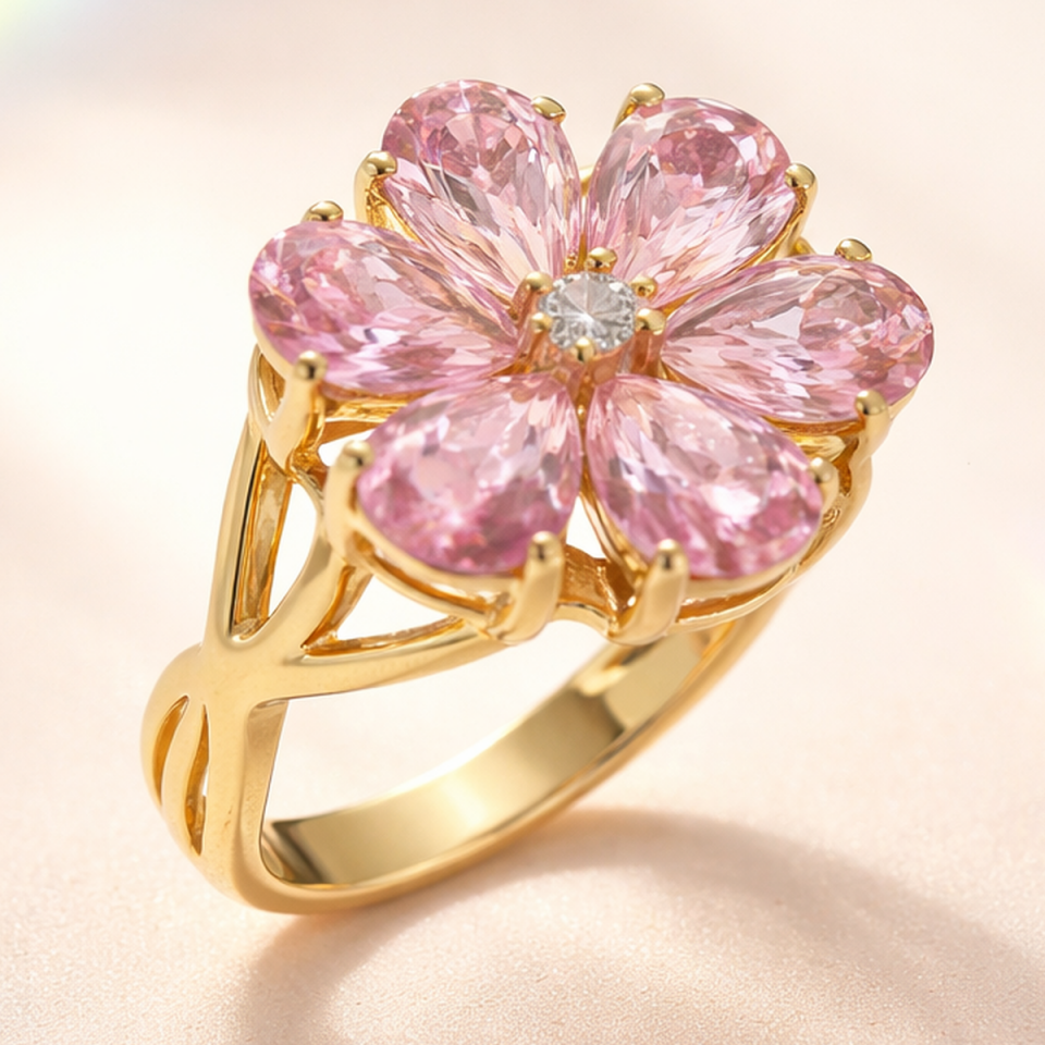 14 AYAR 0,05 CT PIRLANTA TAŞLI, DAMLA PİNK KUVARS ÇİÇEK MODELİ ÖZEL TASARIM ALTIN YÜZÜK
