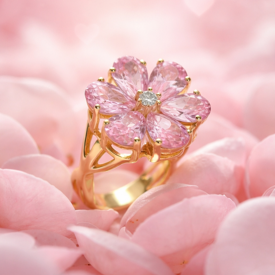 14 AYAR 0,05 CT PIRLANTA TAŞLI, DAMLA PİNK KUVARS ÇİÇEK MODELİ ÖZEL TASARIM ALTIN YÜZÜK