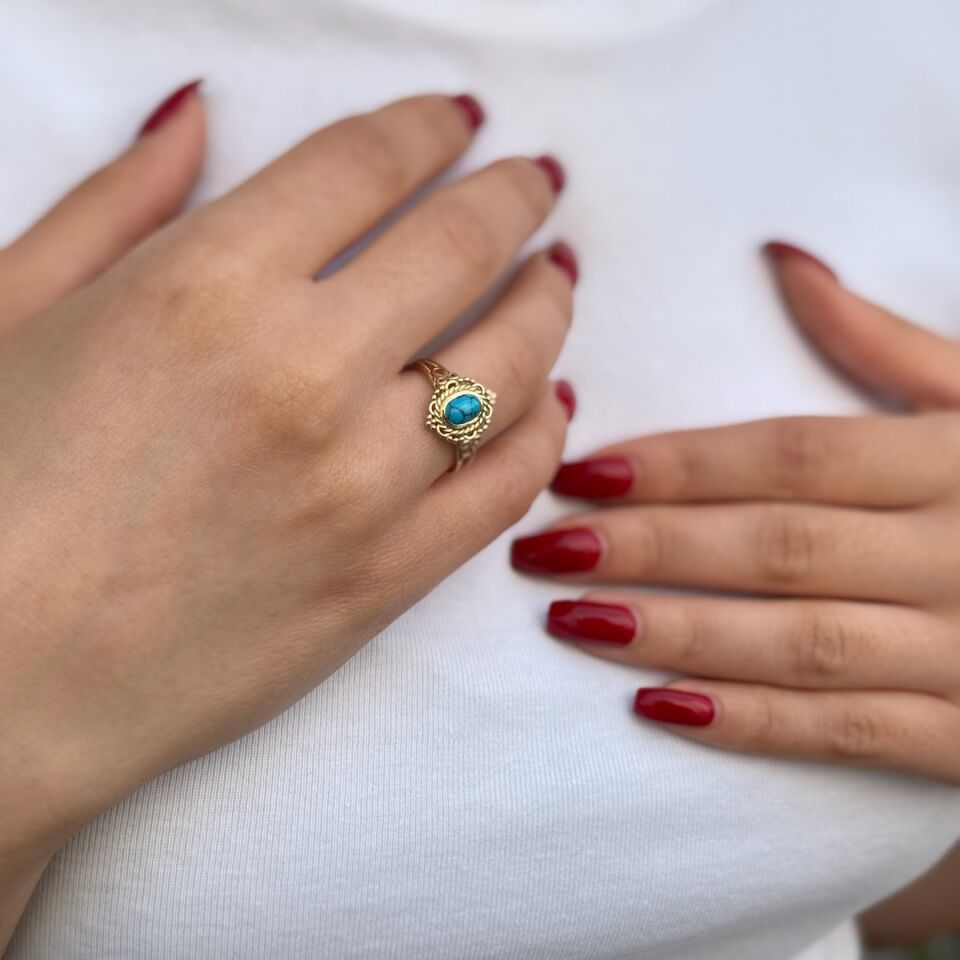 14 AYAR TURKUAZ FİRUZE TAŞLI VİNTAGE TASARIM YÜZÜK