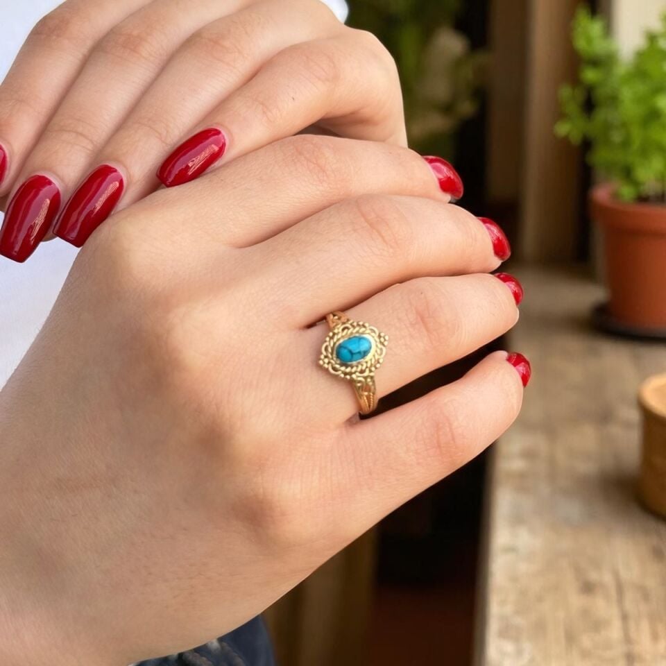 14 AYAR TURKUAZ FİRUZE TAŞLI VİNTAGE TASARIM YÜZÜK