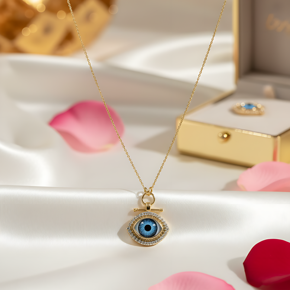 14 AYAR ÖZEL TASARIM NAZAR MAVİ GÖZ ALTIN KOLYE