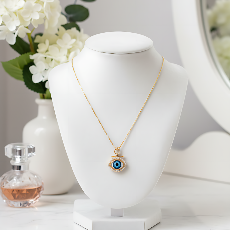 14 AYAR ÖZEL TASARIM NAZAR MAVİ GÖZ ALTIN KOLYE