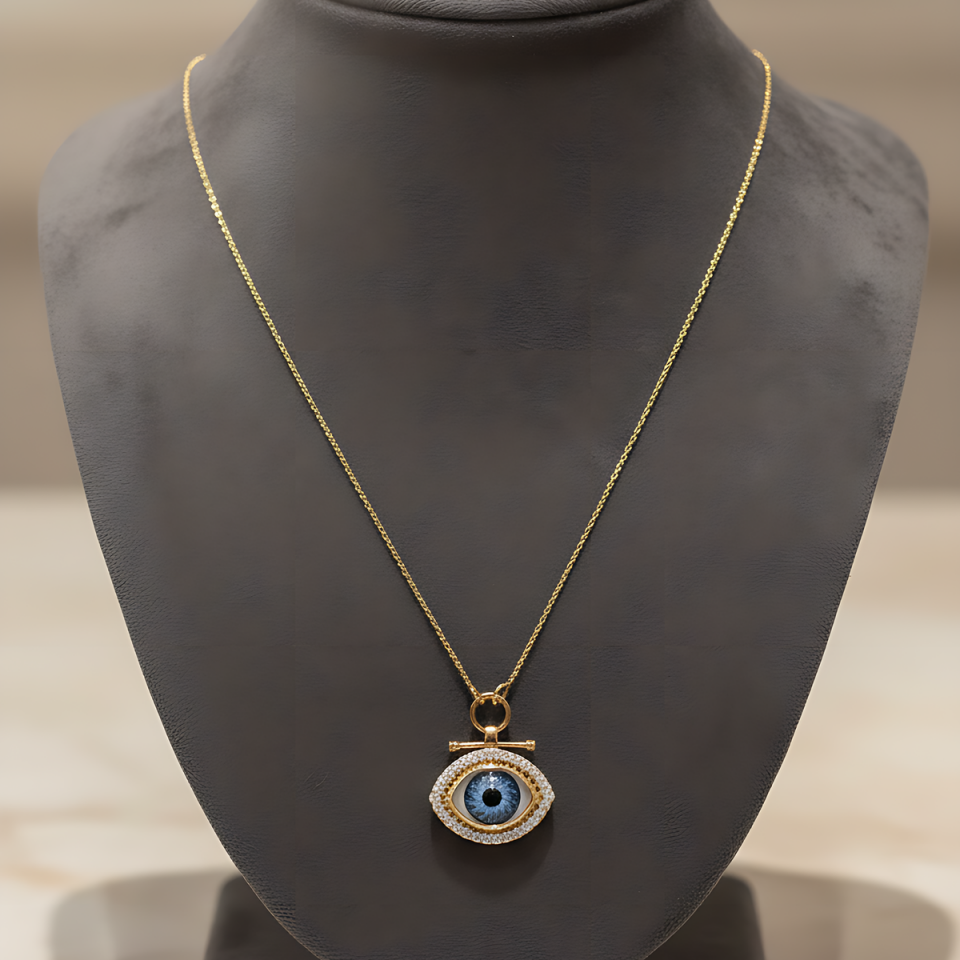 14 AYAR ÖZEL TASARIM NAZAR MAVİ GÖZ ALTIN KOLYE