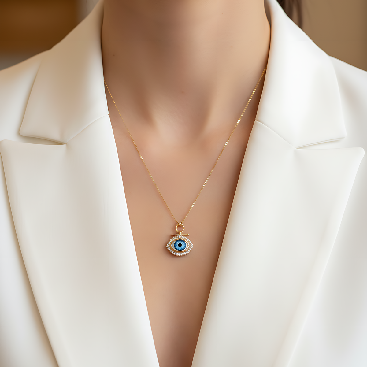 14 AYAR ÖZEL TASARIM NAZAR MAVİ GÖZ ALTIN KOLYE