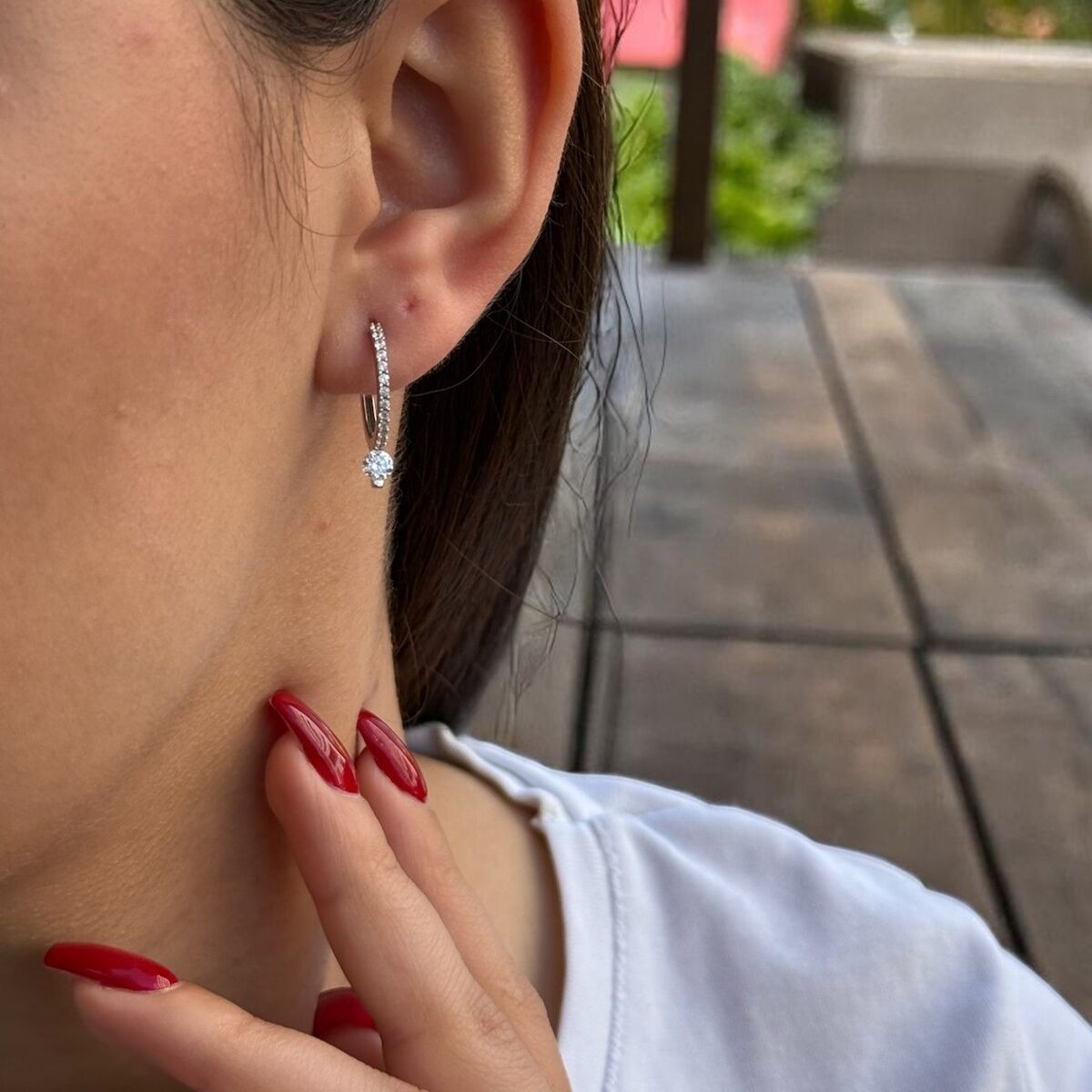 14 Ayar İtalyan Orjinal Beyaz Altın Taşlı Halka Küpe