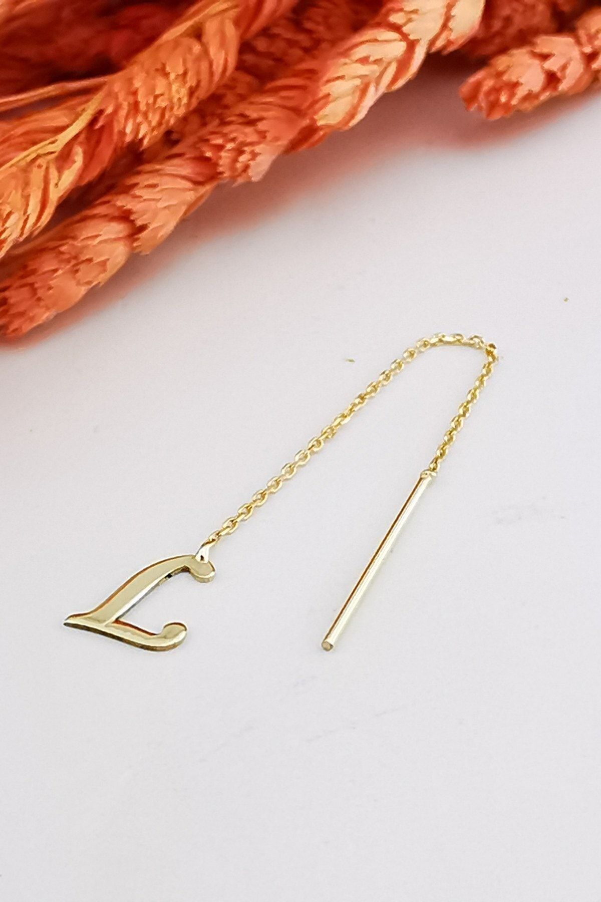 14 Ayar L Harfi Zincir Altın Küpe