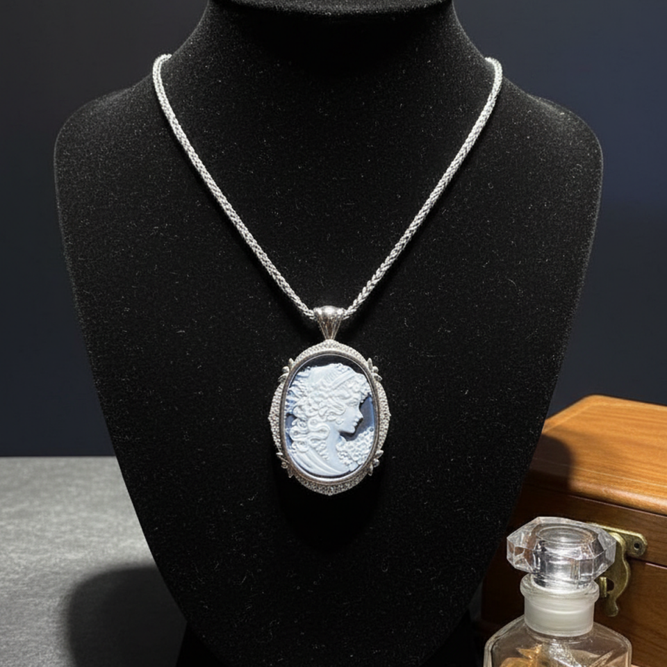 14 AYAR 0,73 CT PIRLANTA TAŞLI ORJİNAL CAMEO KIZI BEYAZ ALTIN KOLYE